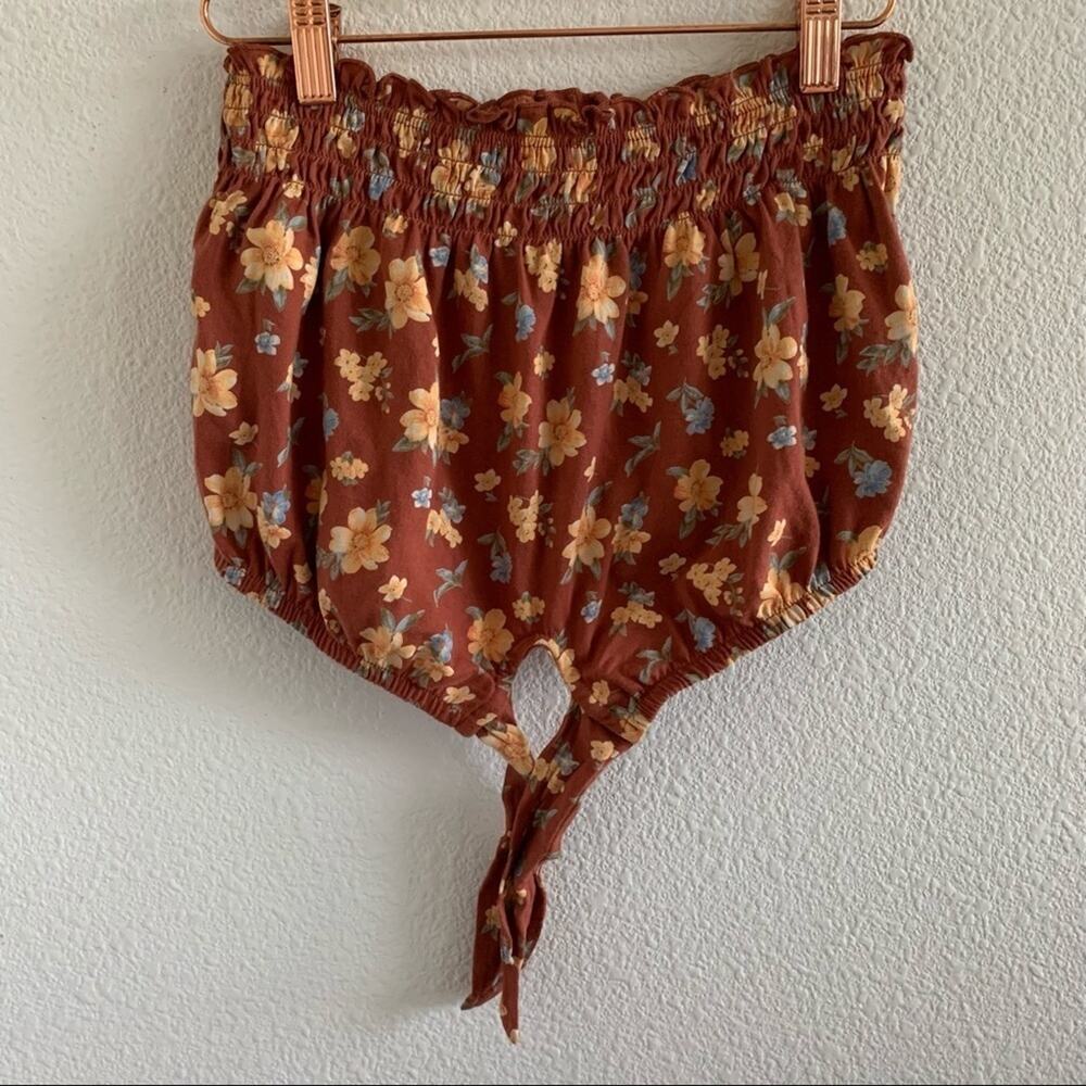 American Eagle Smocked Tie Front Crop Strapless Floral Artsy Top XS